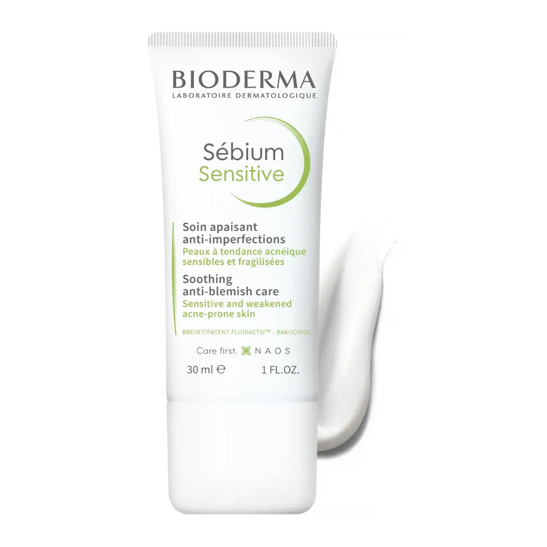 Tube of Bioderma Sebium Sensitive Cream with a dash of cream next to it to show the product texture