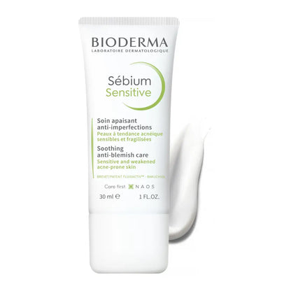 Tube of Bioderma Sebium Sensitive Cream with a dash of cream next to it to show the product texture