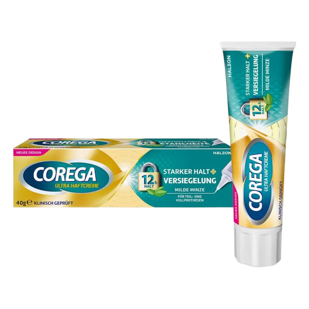 COREGA ultra strong hold denture adhesive cream + sealing - the packaging on a white background