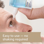 A close-up of a person's face with a dropper bottle of Artelac Complex eye drops being held above the eye, with a beige text banner at the bottom reading 'Easy to use — no shaking required'.