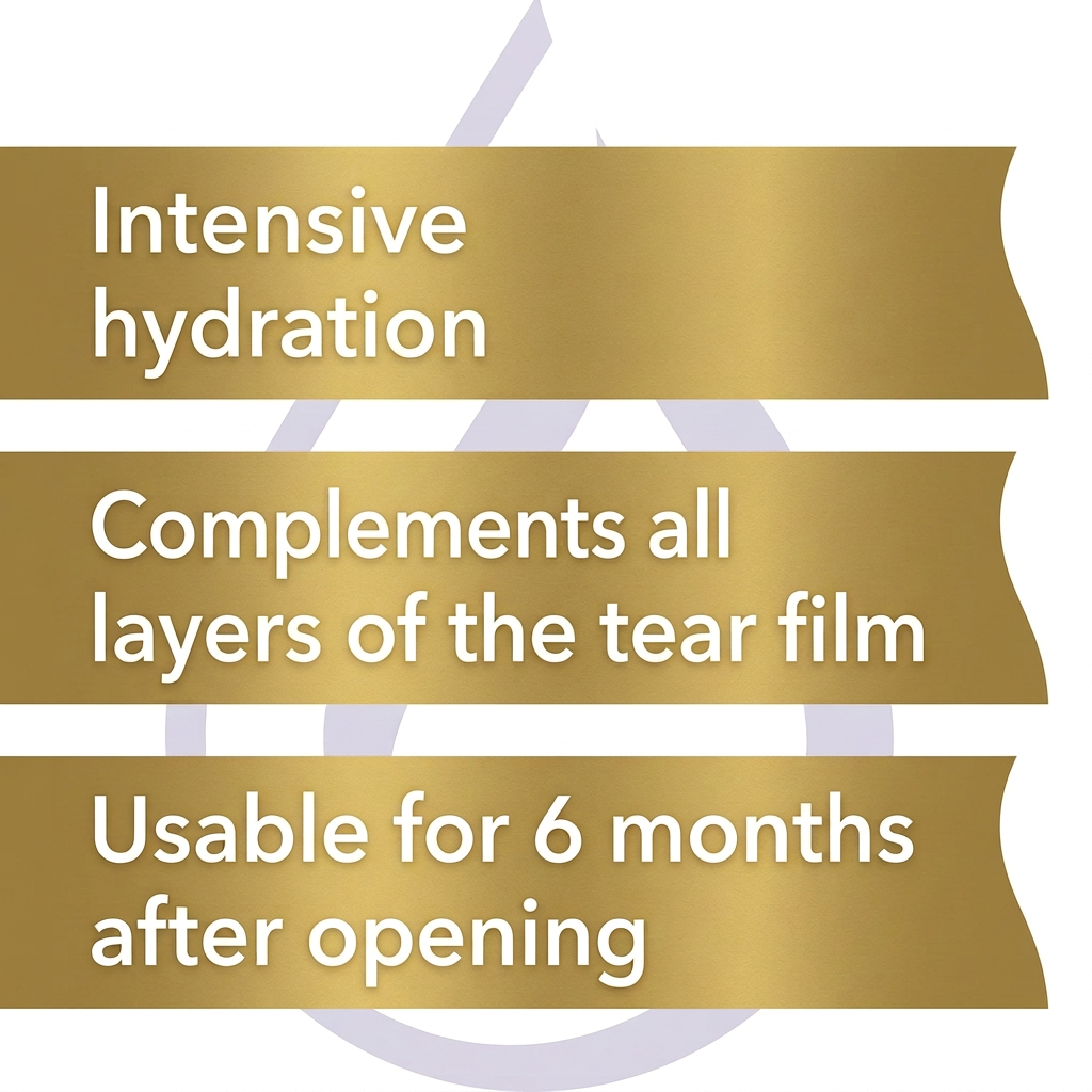 Three horizontal gold banners with white text on a white background, reading: 'Intensive hydration', 'Complements all layers of the tear film', and 'Usable for 6 months after opening'.