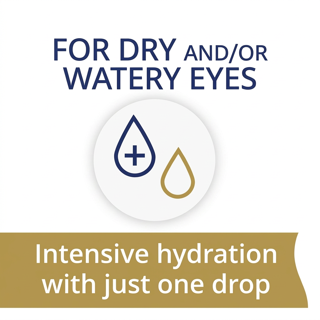 Promotional graphic for a hydrating eye drop product. The text reads 'FOR DRY AND/OR WATERY EYES' above an icon showing a blue water droplet with a plus sign and a gold droplet, with a gold banner below reading 'Intensive hydration with just one drop'.