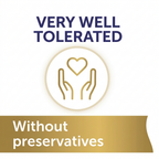 A promotional graphic with the text 'VERY WELL TOLERATED' in dark blue above a circular icon of hands holding a heart, and a gold banner at the bottom reading 'Without preservatives' on a white background.