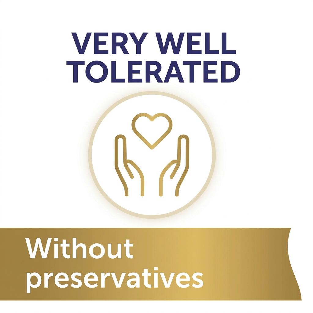A promotional graphic with the text 'VERY WELL TOLERATED' in dark blue above a circular icon of hands holding a heart, and a gold banner at the bottom reading 'Without preservatives' on a white background.