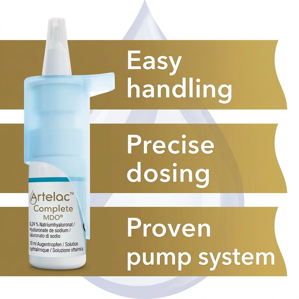 Artelac Complete MDO0 liquid pump bottle shown on a white background with three gold text banners reading 'Easy handling', 'Precise dosing', and 'Proven pump system'.