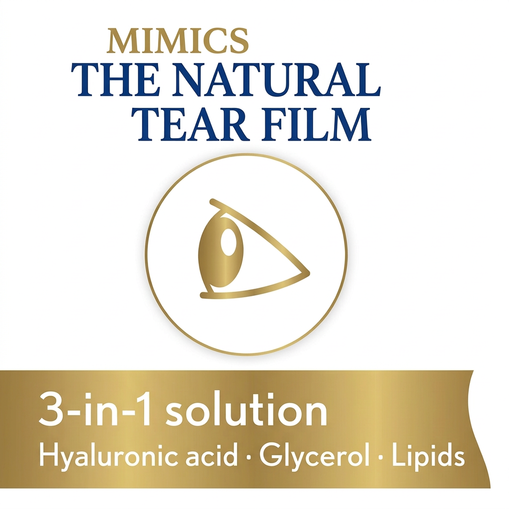 Promotional graphic for Mimics The Natural Tear Film, featuring a gold and blue eye icon on a white background with text highlighting a 3-in-1 solution of hyaluronic acid, glycerol, and lipids.