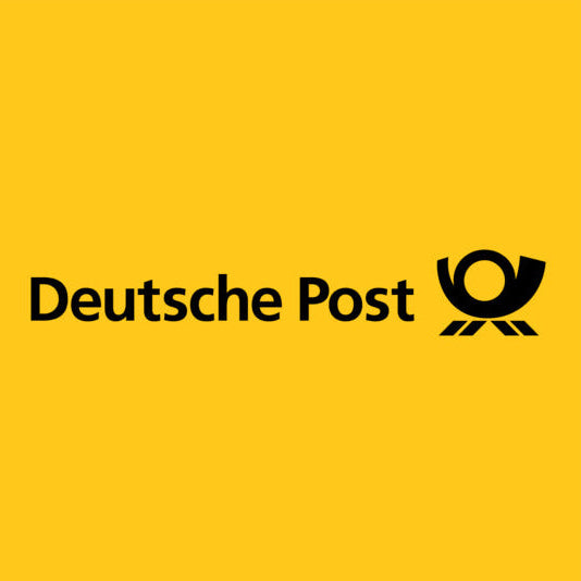 Deutsche Post logo in black on a solid yellow square background, with a white border around the image.