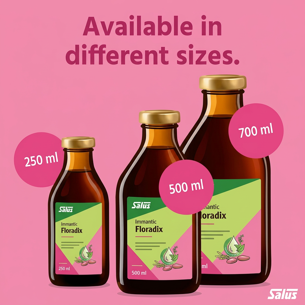 Three Salus Floradix supplement bottles in 250 ml, 500 ml, and 700 ml sizes arranged on a pink background with text reading 'Available in different sizes.'.