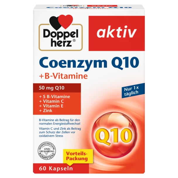 Front of the Doppelherz Coenzyme Q10 package, highlighting that b-vitamins contribute to a normal energy metabolism, while vitamin c and zinc contribute to the protection of cells from oxidative stress.