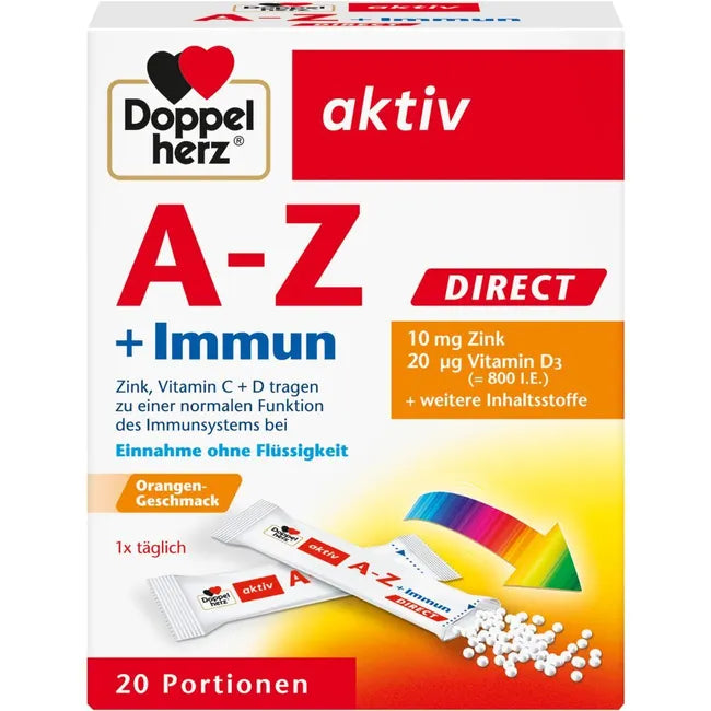 Doppelherz A-Z Immun Direct package, showing the easy-to-consume sachets with the micro-pellets pouring out.