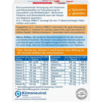 Back of the package, showing the product description and a table of the various vitamins and micro nutrients and their concentration per daily portion.