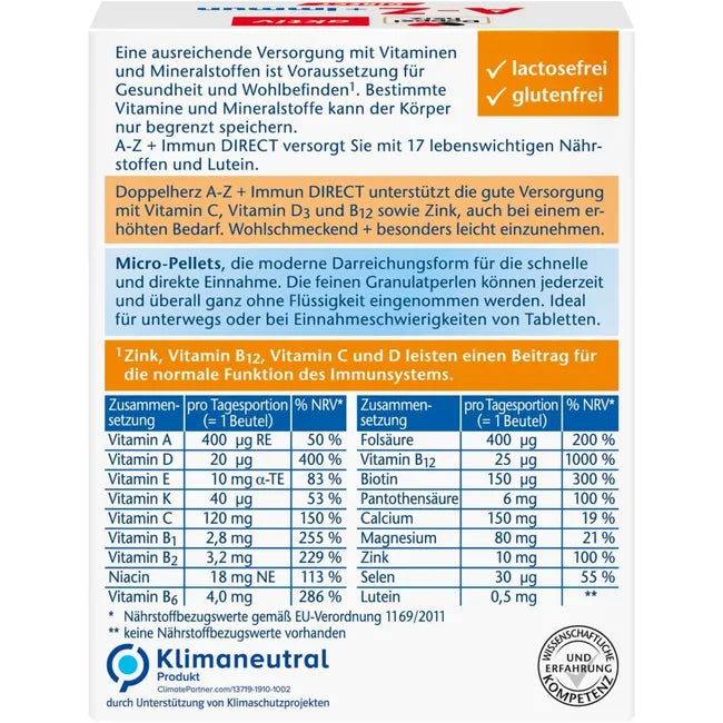 Back of the package, showing the product description and a table of the various vitamins and micro nutrients and their concentration per daily portion.