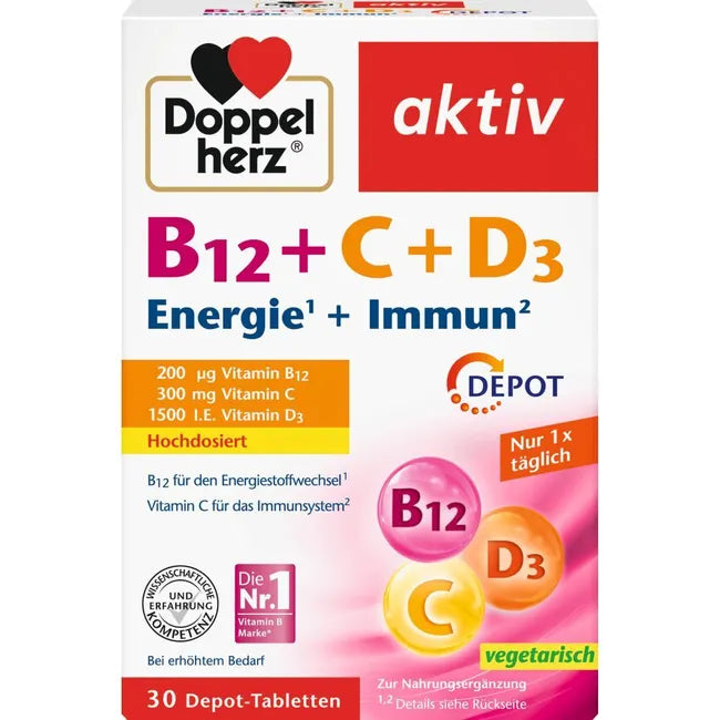 Doppelherz package highlighting the high concentration of vitamin b12, vitamin c and vitamin d3 as well as the depot function