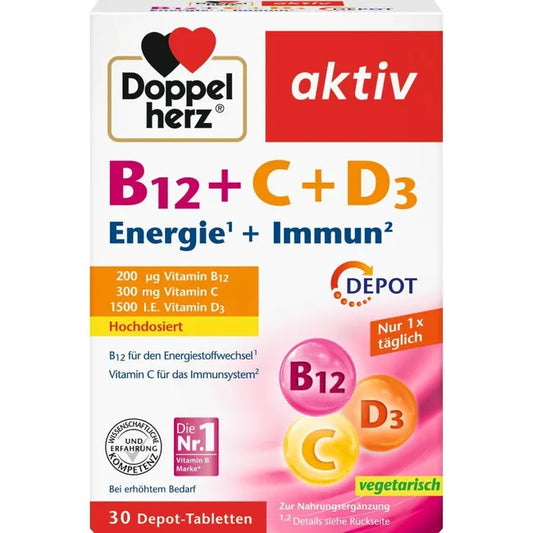 Doppelherz package highlighting the high concentration of vitamin b12, vitamin c and vitamin d3 as well as the depot function