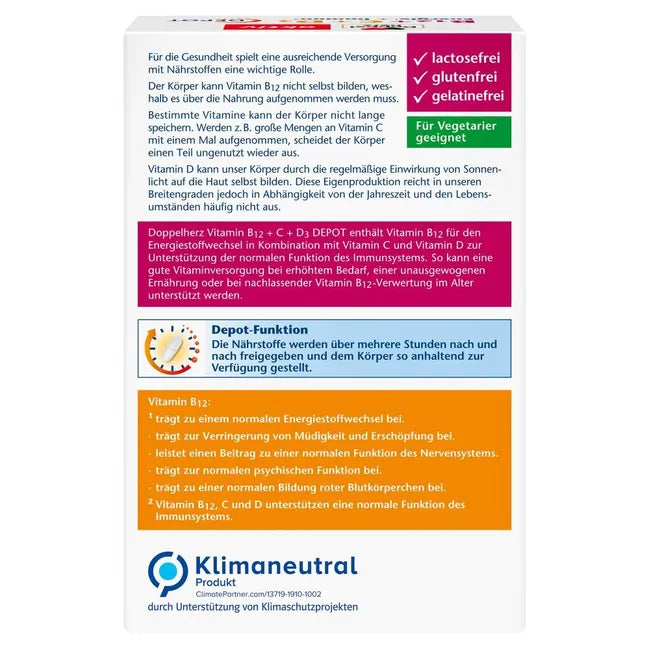 Description on the package, highlighting that  the vitamins b12, c, and  d3 support the immune system and the energy metabolism