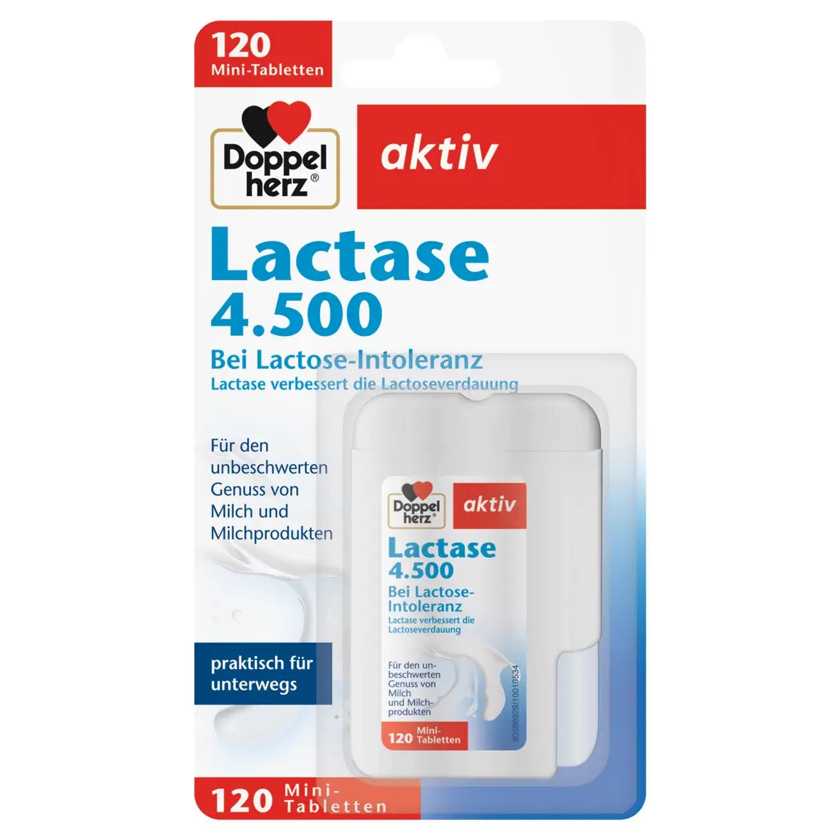 Doppelherz Lactase 4.500 Mini Tablets 120 pcs - for lactose intolerance and a carefree enjoyment of milk and dairy products. Lactase improves the digestion of lactose