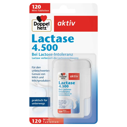 Doppelherz Lactase 4.500 Mini Tablets 120 pcs - for lactose intolerance and a carefree enjoyment of milk and dairy products. Lactase improves the digestion of lactose