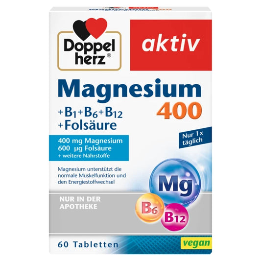 Front of the Doppelherz Magnesium 60 tablets package, highlighting the content of 400 mg magnesium and 600 ug folic acid per tablet