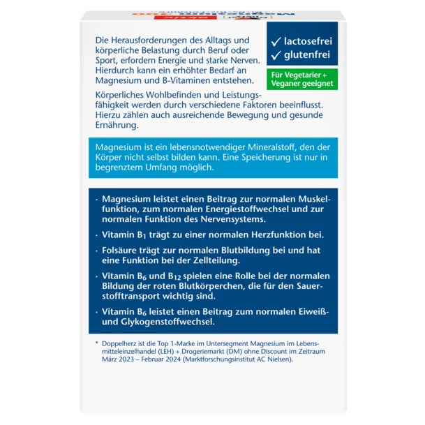 Product description on the back of the package, describing the benefits of the magnesium supplement, such as magnesium contributing to normal muscle function, normal energy metabolism and the normal function of the nervous system.