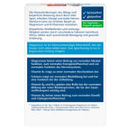 Product description on the back of the package, describing the benefits of the magnesium supplement, such as magnesium contributing to normal muscle function, normal energy metabolism and the normal function of the nervous system.