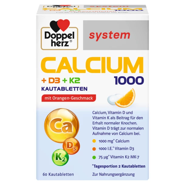 Front of the Doppelherz package, highlighting that calcium, vitamin d and vitamin k contribute to the maintenance of normal bones.