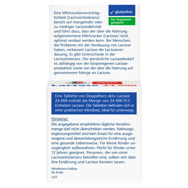Product description on the back of the package, describing that a lactose intolerance is based on insufficient or too low lactase activity and means that the milk sugar (lactose) consumed through food cannot be optimally digested.
