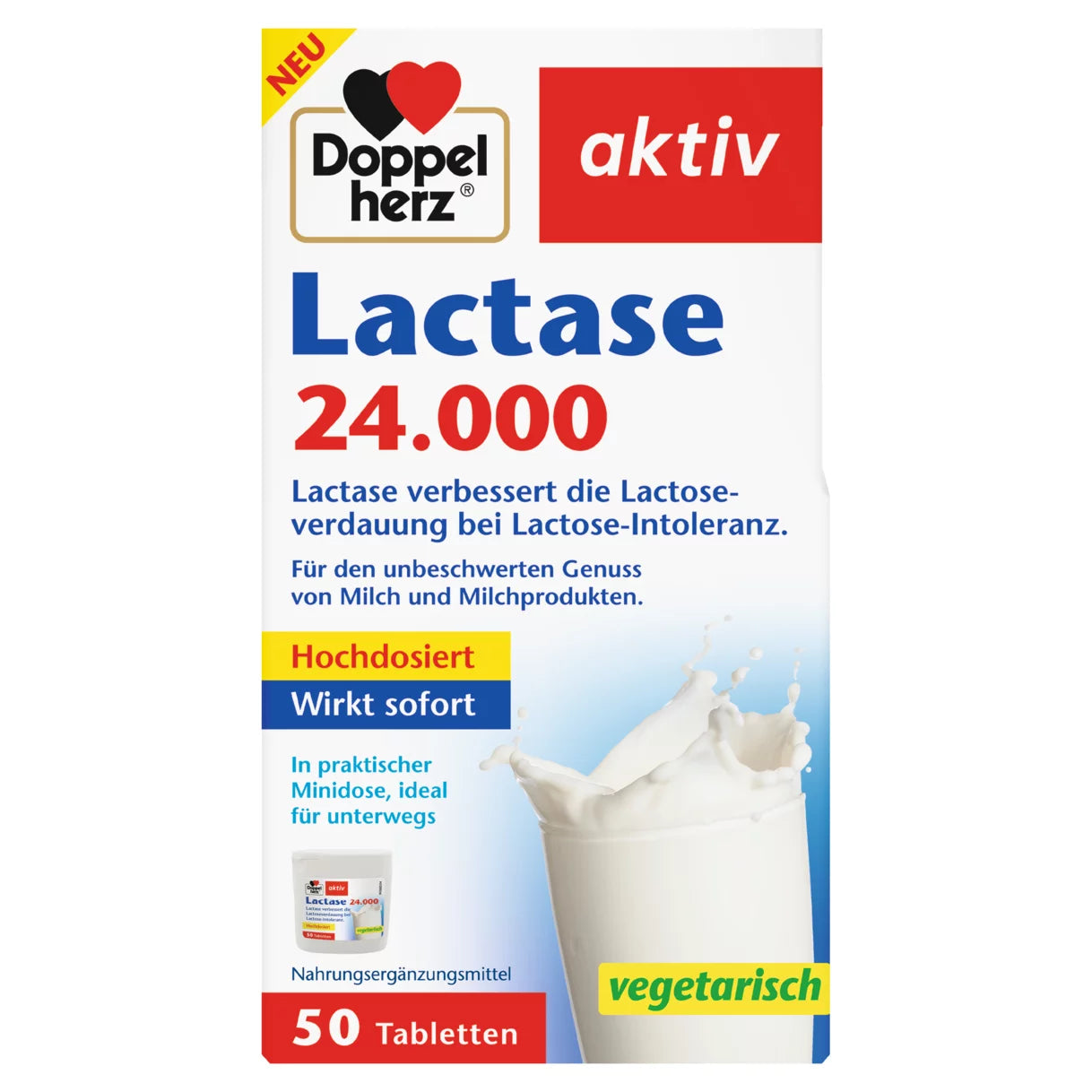 Package of the lactase tablets, emphasizing the high dosage and immediate effect of the product