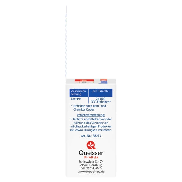 Side of the package, showing the consumption recommendation and the lactase dosage per tablet