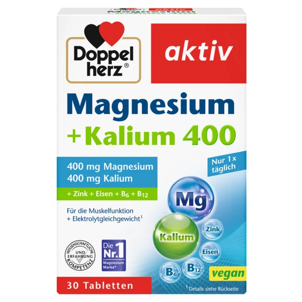 Doppelherz Magnesium package, highlighting the nutrients complex of potassium, zinc, iron, and vitamin b6 and b12.