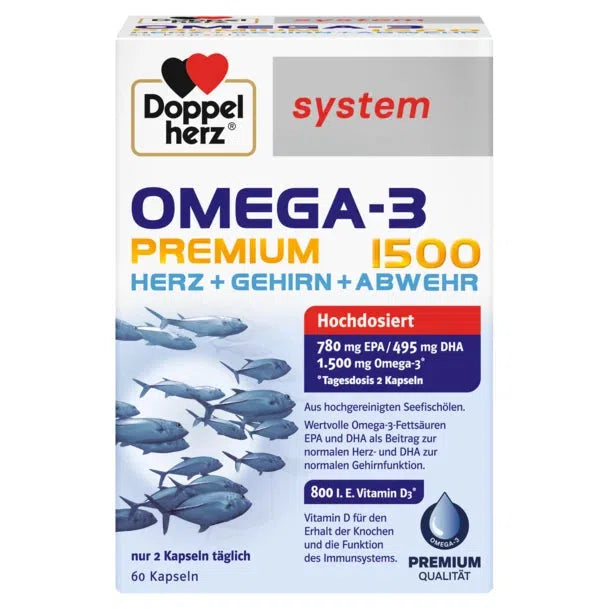 Package of Doppelherz Omega-3 highlighting the high dose of 780 mg EPA / 495 mg DHA