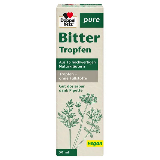 Front of the Doppelherz Bitter Drops package, highlighting that the products consists of a variety of 15 natural herbs and is easy to dose with its pipette