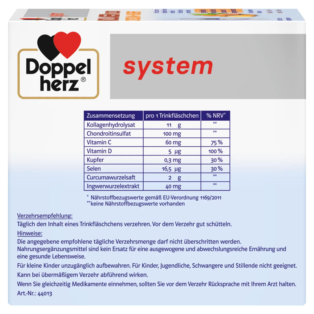 Table of the nutritional values and consumption recommendation