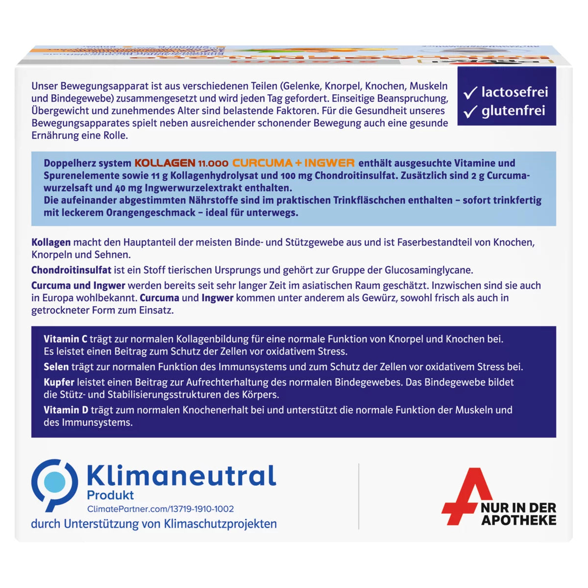 product description on the back of the package, explaining that our musculoskeletal system is made up of different parts (joints, cartilage, muscles and connective tissue) and is challenged every day. The Doppelherz supplement can address the need for increased nutrients supply.