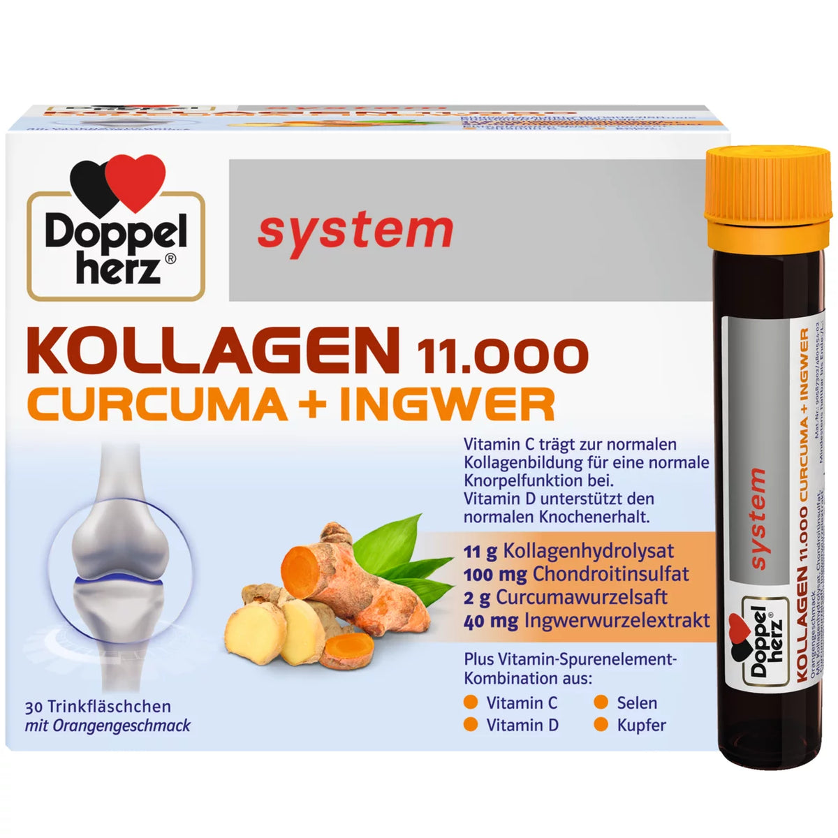 Package of Doppelherz Kollagen 11000 Curcuma + Ginger - a supplement for a normal formation of collagen for a normal cartilage function.