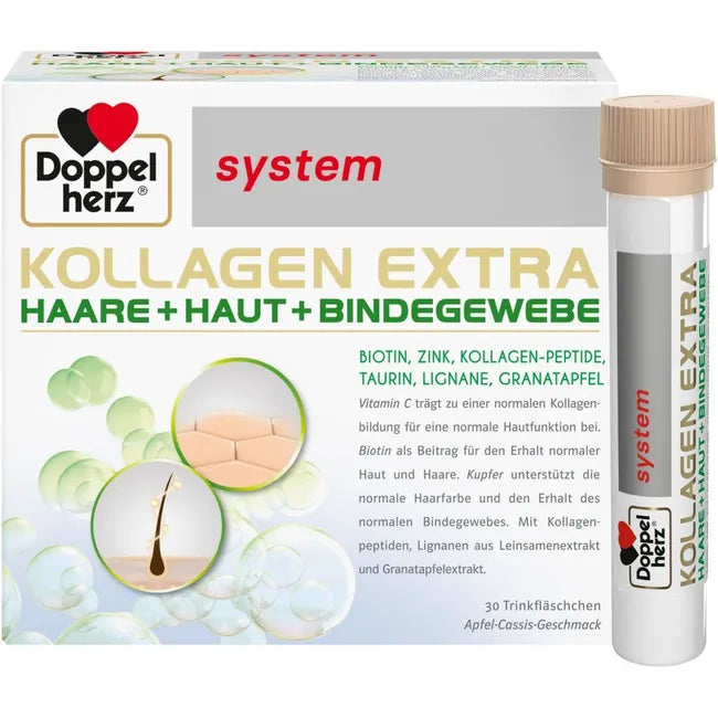 The package of Doppelherz Kollagen with a phial standing on the side.