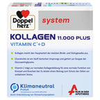 The other side of the Doppelherz Kollagen 11.000 Plus package, drawing attention to the function of the ingredients of collagen, chondroitin, and vitamin c