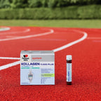 Lifestyle photo of Doppelherz Collagen - the package and one phial are standing on a sports court to illustrate the positive effects on healthy bones and cartilages.
