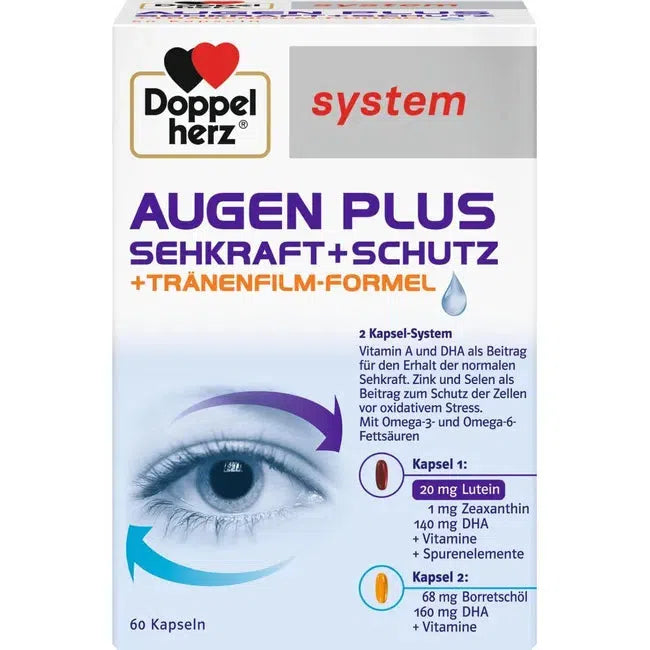 Front of the package showing an eye and an explanation of the 2 capsules and its ingredients