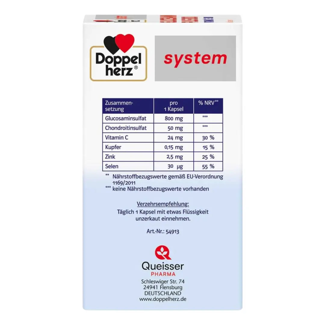 Doppelherz system packaging with nutritional information on a white background