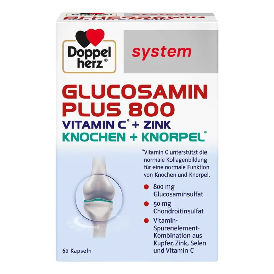 Doppelherz Glucosamin Plus 800 Vitamin C + Zinc supplement packaging on a white background