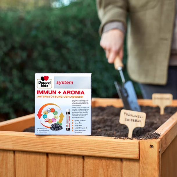 The Doppelherz Immun + Aronia package standing on top of a flower pot