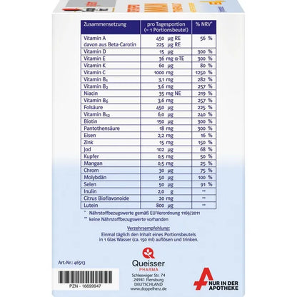 The other side of the box showing a table that details the amount of micronutrients contained in a daily portion and to how many % of the daily recommended dose that corresponds. 