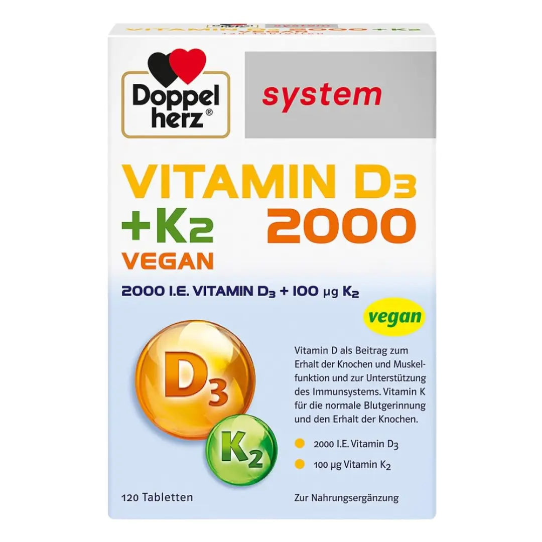 Doppelherz Vitamin D3 + K2 2000 Vegan 120 tablets - contribution to maintenance of normal bones and muscle function