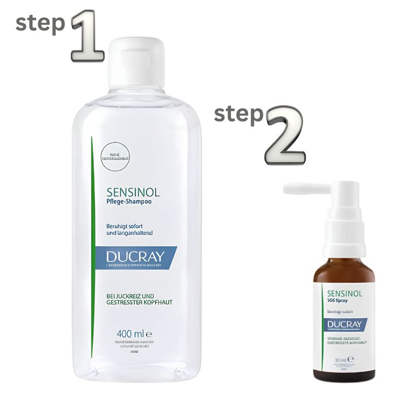 Ducray Sensinol hair care set showing Step 1: a 400 ml clear bottle of clarifying shampoo and Step 2: a 100 ml amber spray bottle, both with white caps/pumps and labeled DUCRAY Sensinol, on a white background with large 'step 1' and 'step 2' text overlays.