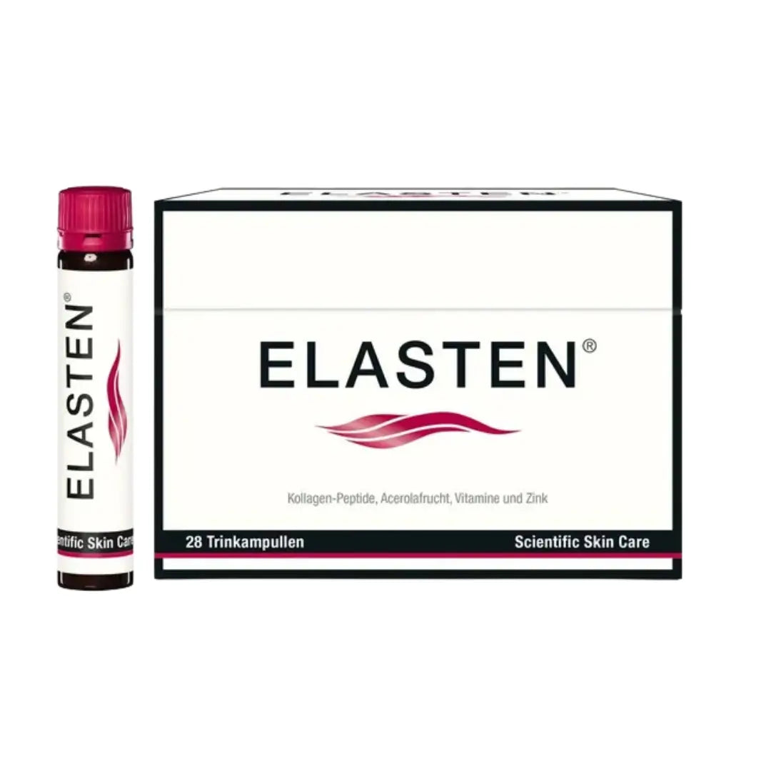 Package of Elasten Collagen Drink 28 vials. The photo is taken froom a front angle, showing the carton box on the right and one of the ready-to-drink vials next to it on the left