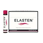 Package of Elasten Collagen Drink 28 vials. The photo is taken froom a front angle, showing the carton box on the right and one of the ready-to-drink vials next to it on the left