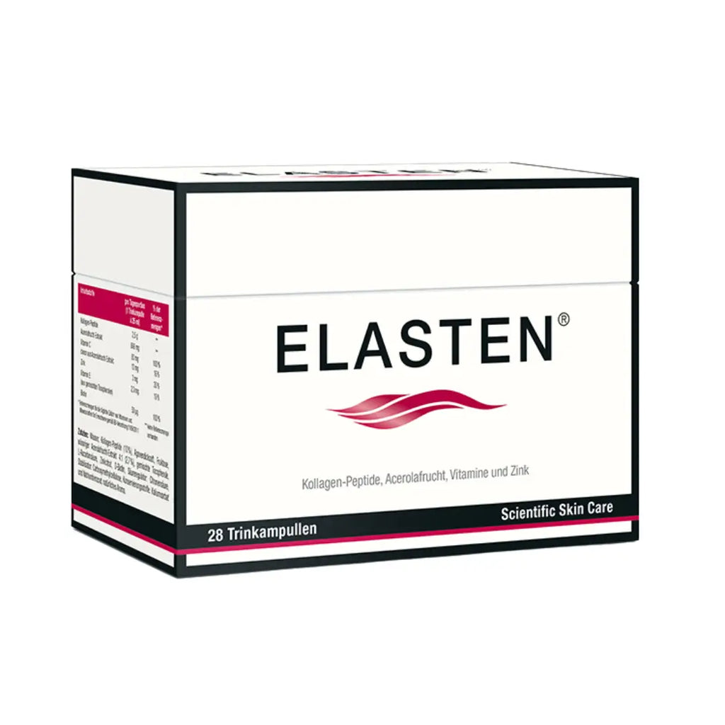 Elasten collagen carton box package from a slight left angle
