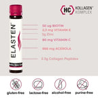 Overview of the highlight ingredients and dosage contained in one vial of Elasten: 50 ug biotin; 2.3 mg vitamin e; 80 mg vitamin c; 666mg acerola; 2.5g collagen peptides