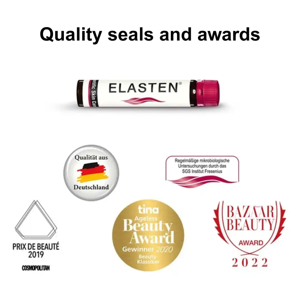 Overview of various quality seals and awards including the Bazaar Beauty Award.
