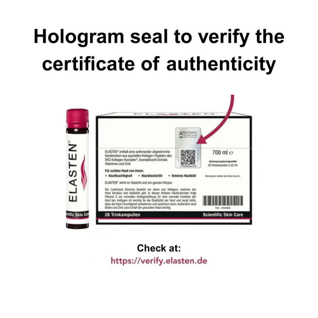 Back of the Elasten box where the hologram seal is sticked. The seal has a QR code to verify the product authenticity